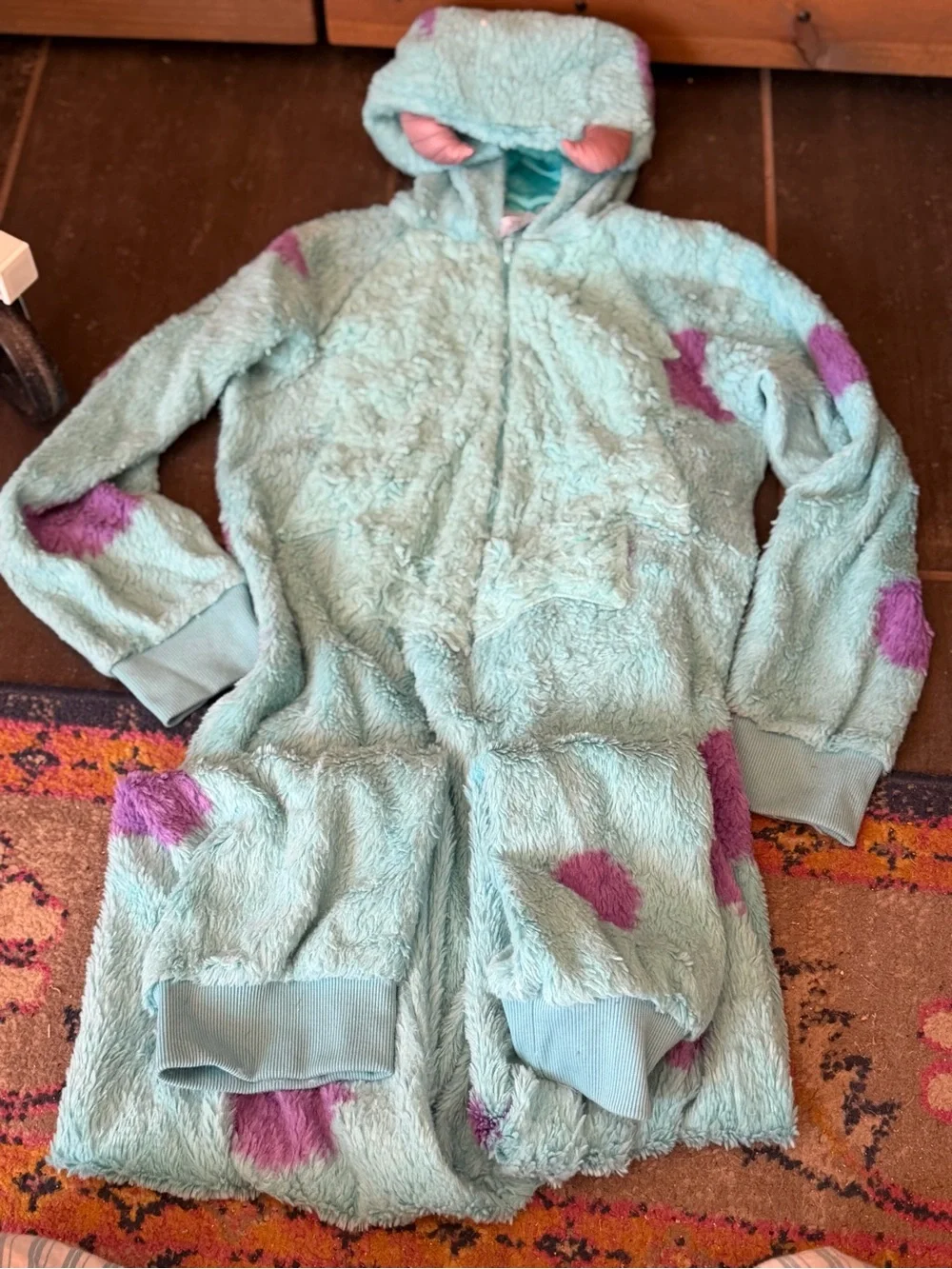 Disney Kids Monster Hooded Plush Pajamas in Aqua with Pink Horns